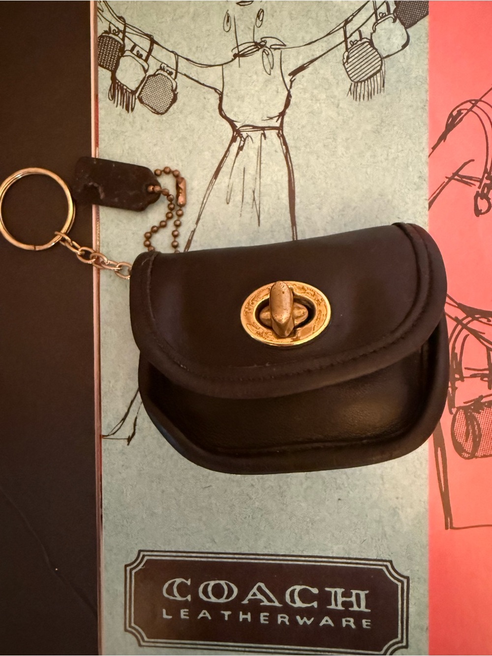 Coach Black Leather Mini Turnlock Key Pouch with Gold Hardware